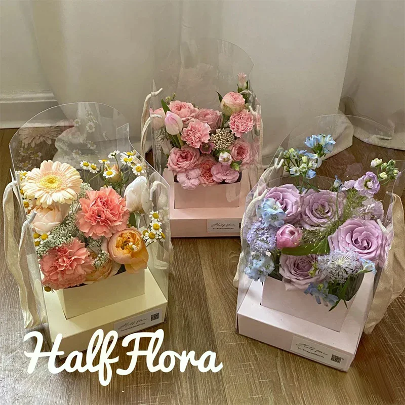 Rose Flower Hand Packaging Box Waterproof Transparent Flower Art Arrangement Paper Box Portable Tote Florist Supplies Package