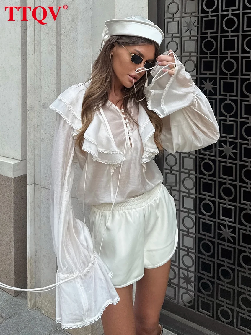 

TTQV модная свободная белая женская рубашка 2026, повседневные женские рубашки с v-образным вырезом и длинными рукавами, элегантный классический однотонный топ, женская одежда