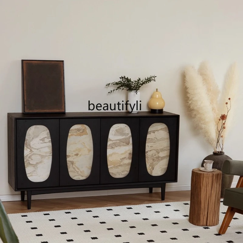 

Sideboard French Retro Solid Wood Sideboard Natural Stone Door Living Room Storage Cabinet
