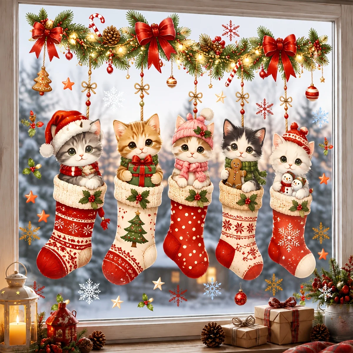 Christmas Stocking Kitten Window Wall Stickers Snowflake Bow Pine Branch Candy Cane Star Vinyl Decals for Glass Window Home
