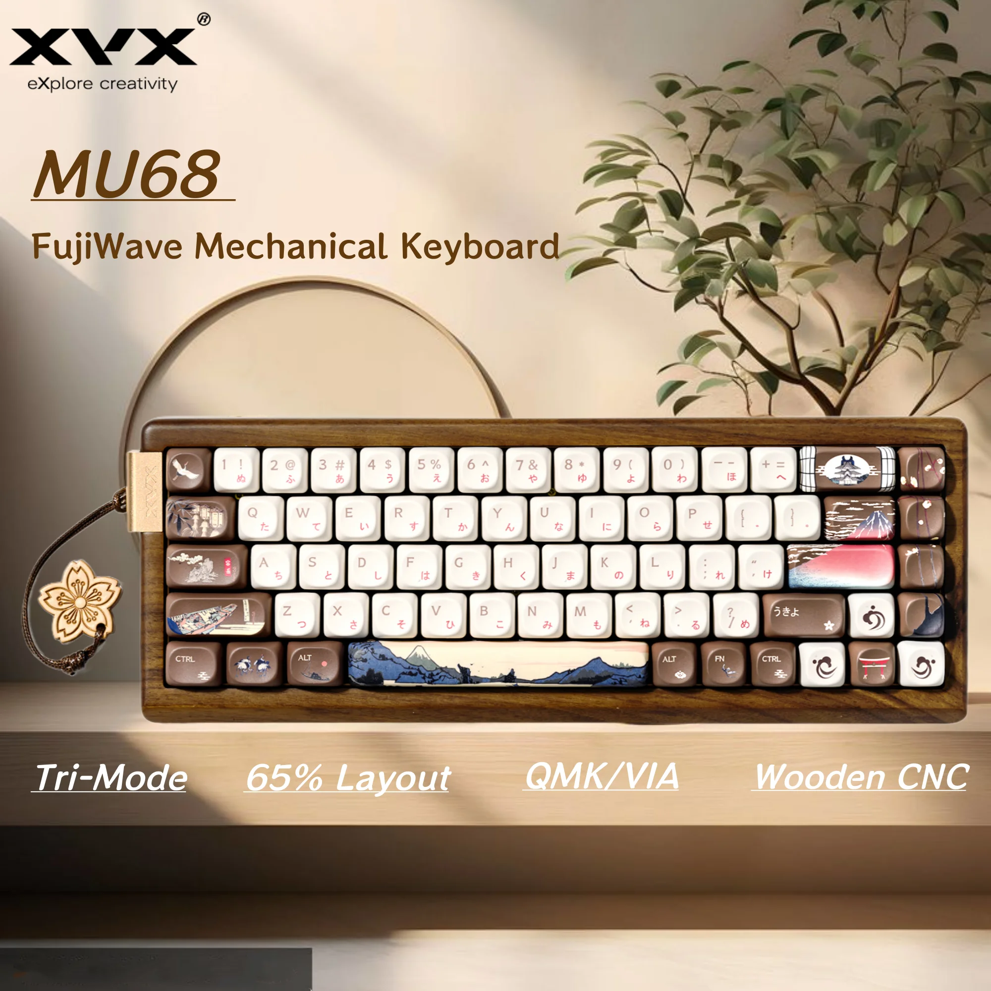 

XVX MU68 FujiWave Деревянная механическая клавиатура Трехрежимная горячая замена Ореховый твердый корпус Деревянная беспроводная клавиатура 65% QMK/VIA