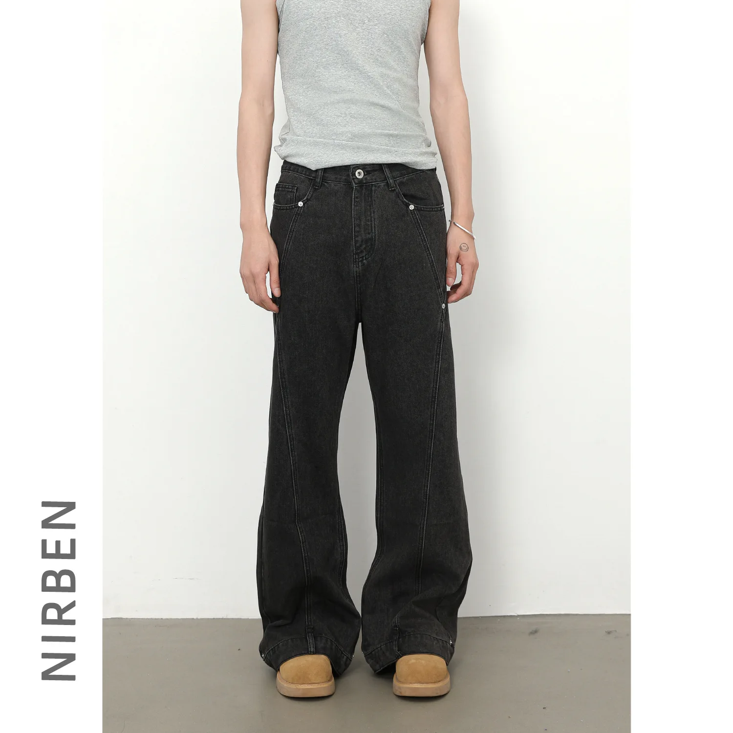 Denim Retro Splicing Beaded Jeans Men's Loose Micro-straight Pants