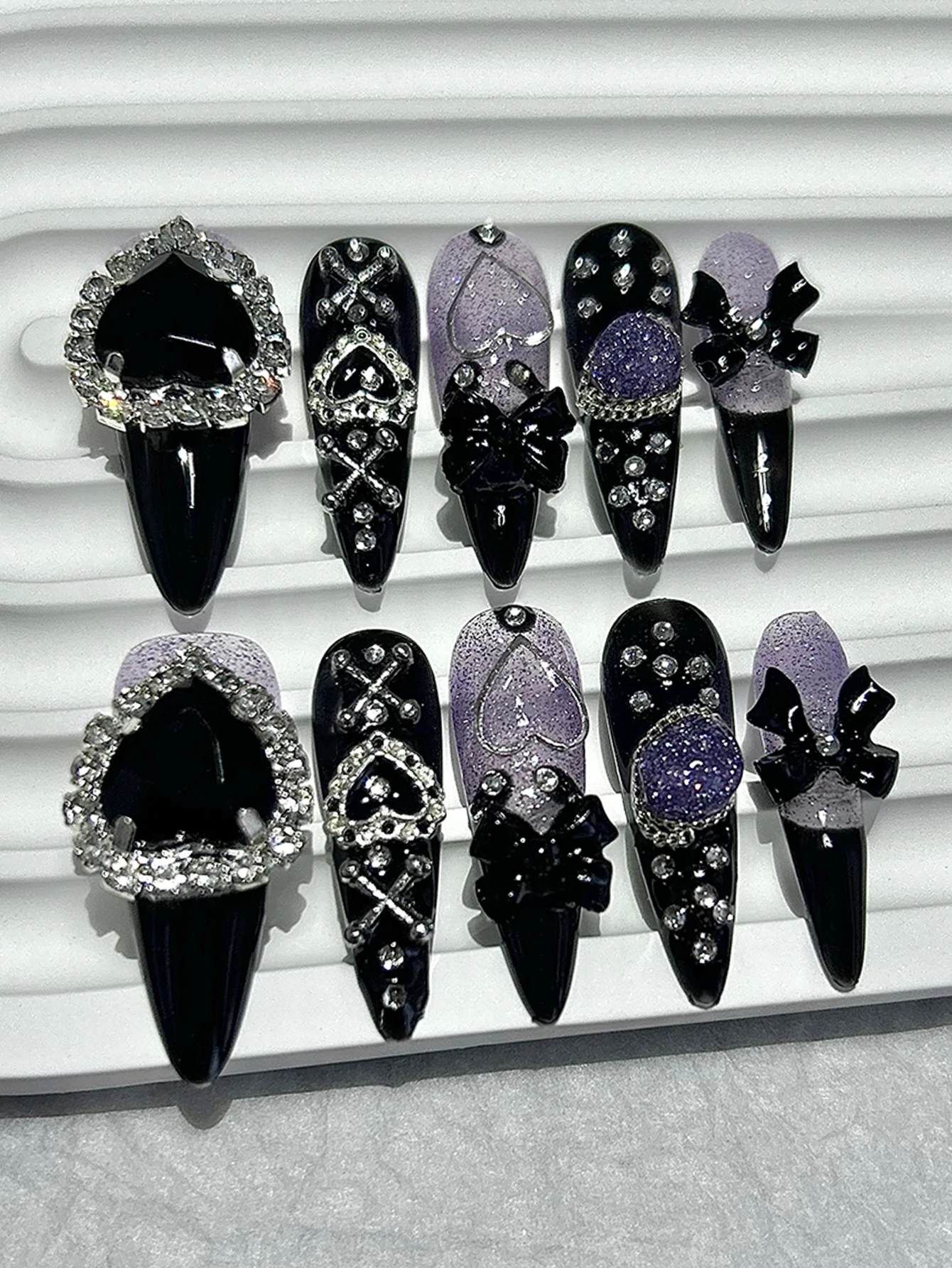 10 Pieces Black Purple Y2k Spice Girls Handmade Press On Nails Luxury Bow Heart Diamonds Fake Nails Removable Reusable