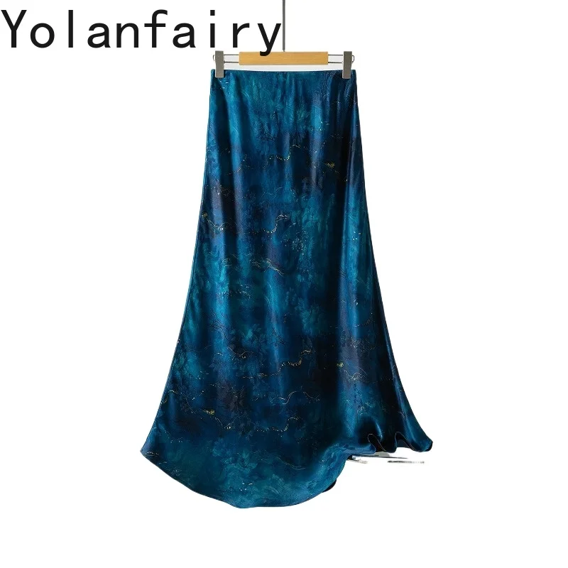 

YOLANFAIRY New 100% Real Mulberry Silk Skirts Woman Luxury Watered Gauze Blue Skirt Elegant Ink Painting Style Long Skirts 2026