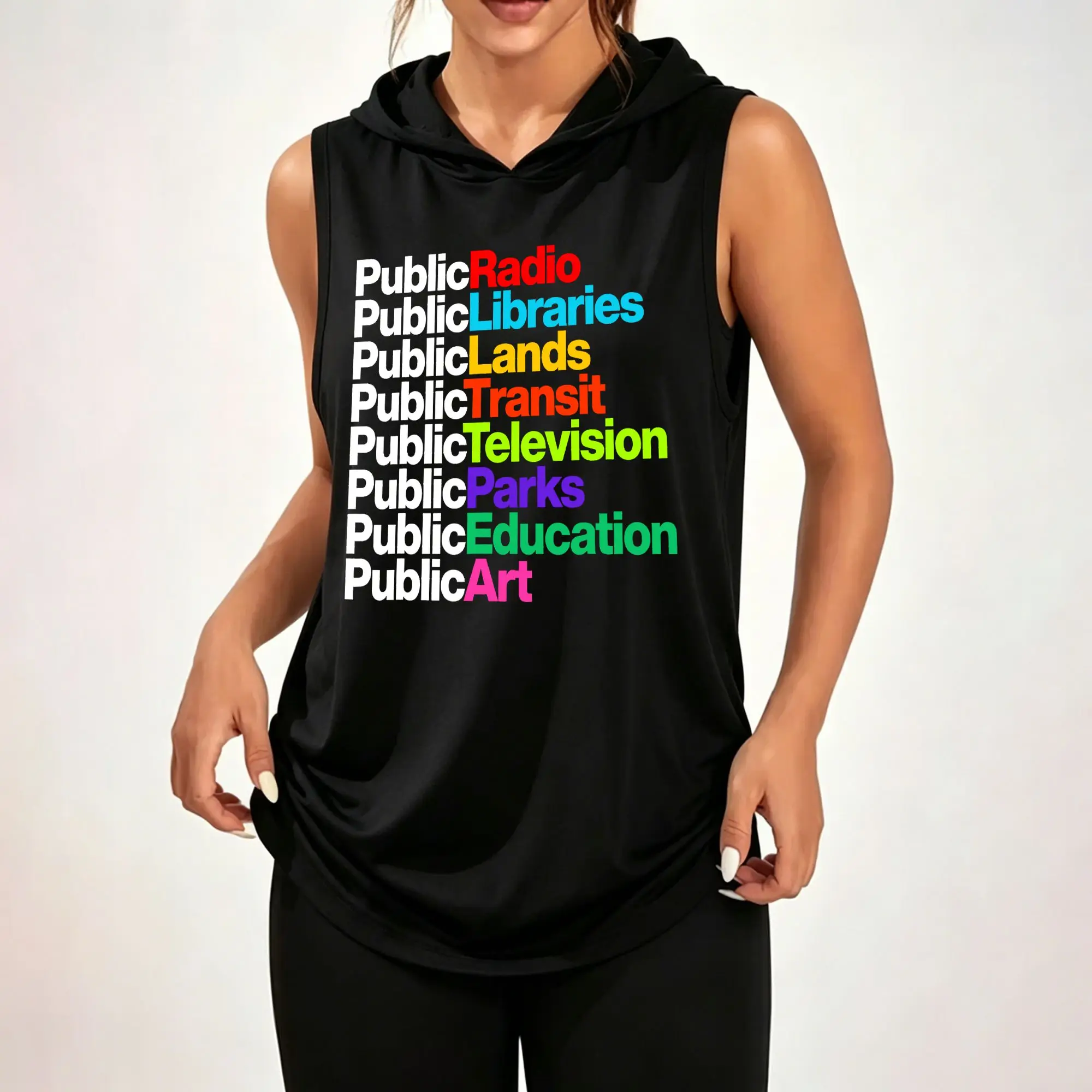 Women's Sleeveless Hoodie, Colorful Public Theme Letter Stack Graphic Print Casual Hooded Tank Top