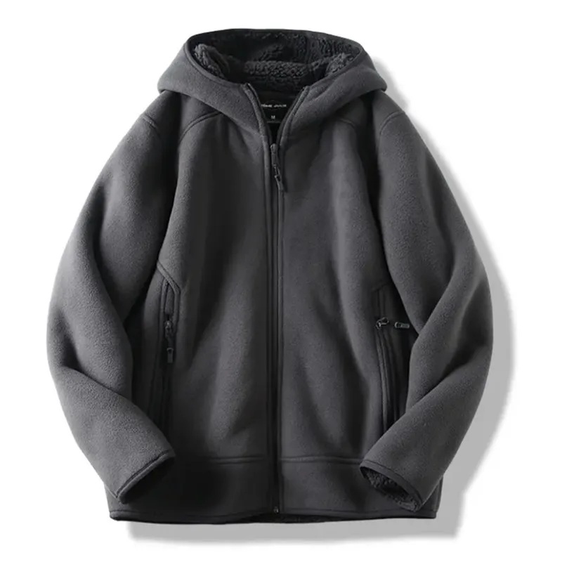 Men's False Fleece-lined Hooded Coat Winter Solid Color Zipper Thickened Jacket American Casual Fashion Loose Warm Overcoat
