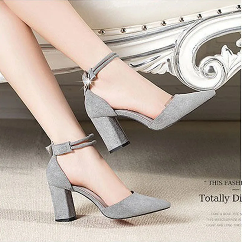 2024 Summer Square High Heels Women Shoes Flock Pointed Sandals Sexy Female Sandalias Shoes Ankle Buckle 6cm Heel Casual Pumps