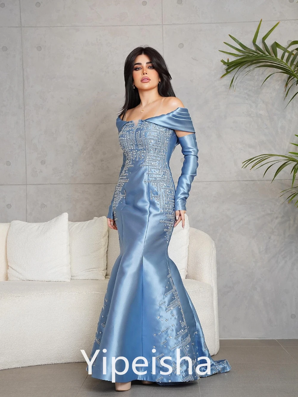 Prom Dress Saudi Arabia Fashion Simple Off-the-shoulder  Paillette Satin Floor Length Custom