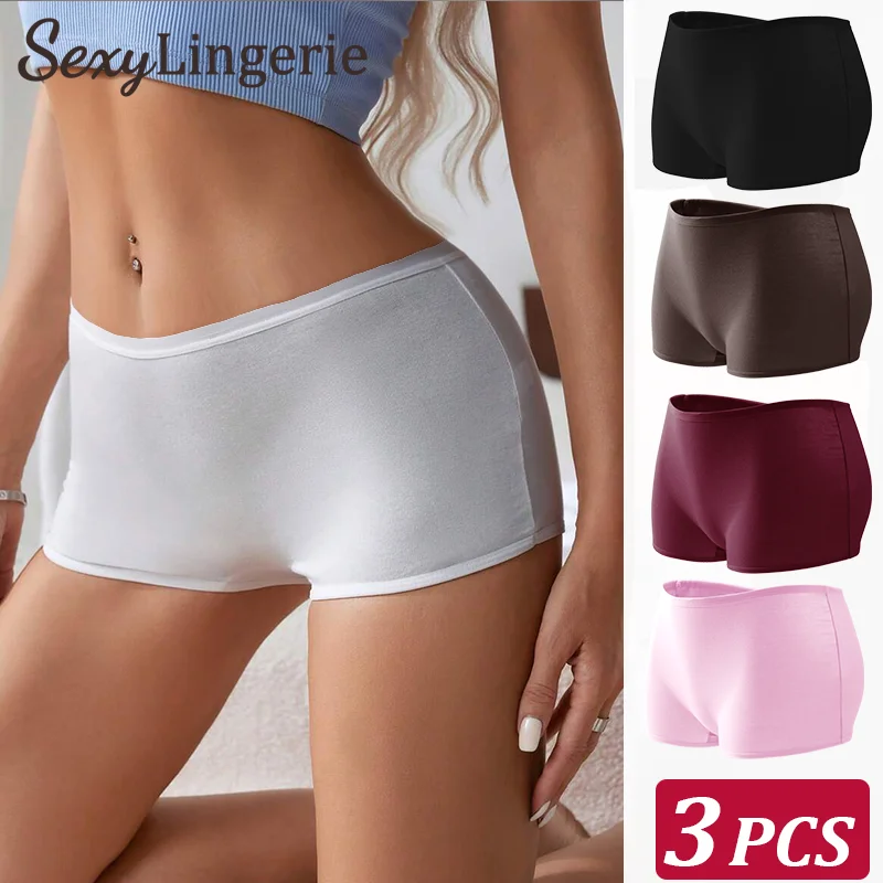 3PCS Women's Sports Boxers Panties Cotton Seamless Underwear Female Solid Color Briefs Cozy Lingerie Intimate Underpants XS-XL