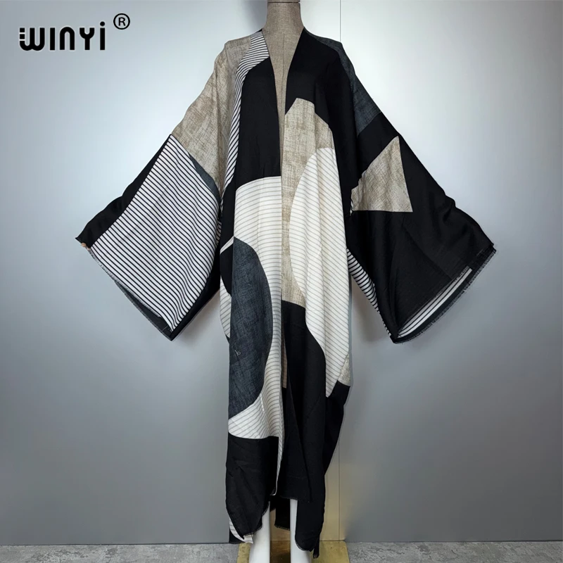 WINYI Winter Cardigan Africa Women Geometric Print Maxi Kimono Long Down Coat Middle East Fashion Abaya Muslim Woman Beachwear