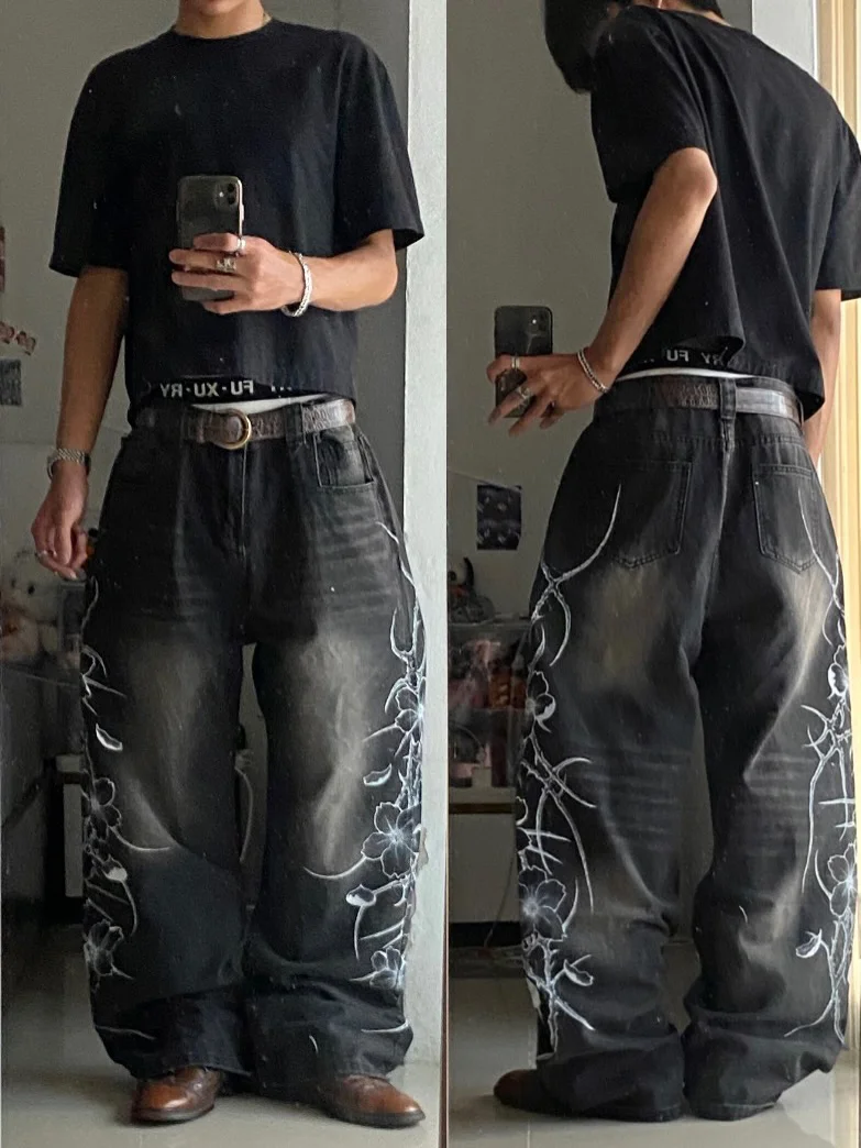 Y2K Gothic Men's Black Distressed Jeans White Thorn Floral Print Wide Leg Baggy Denim Pants Streetwear Casual Trousers
