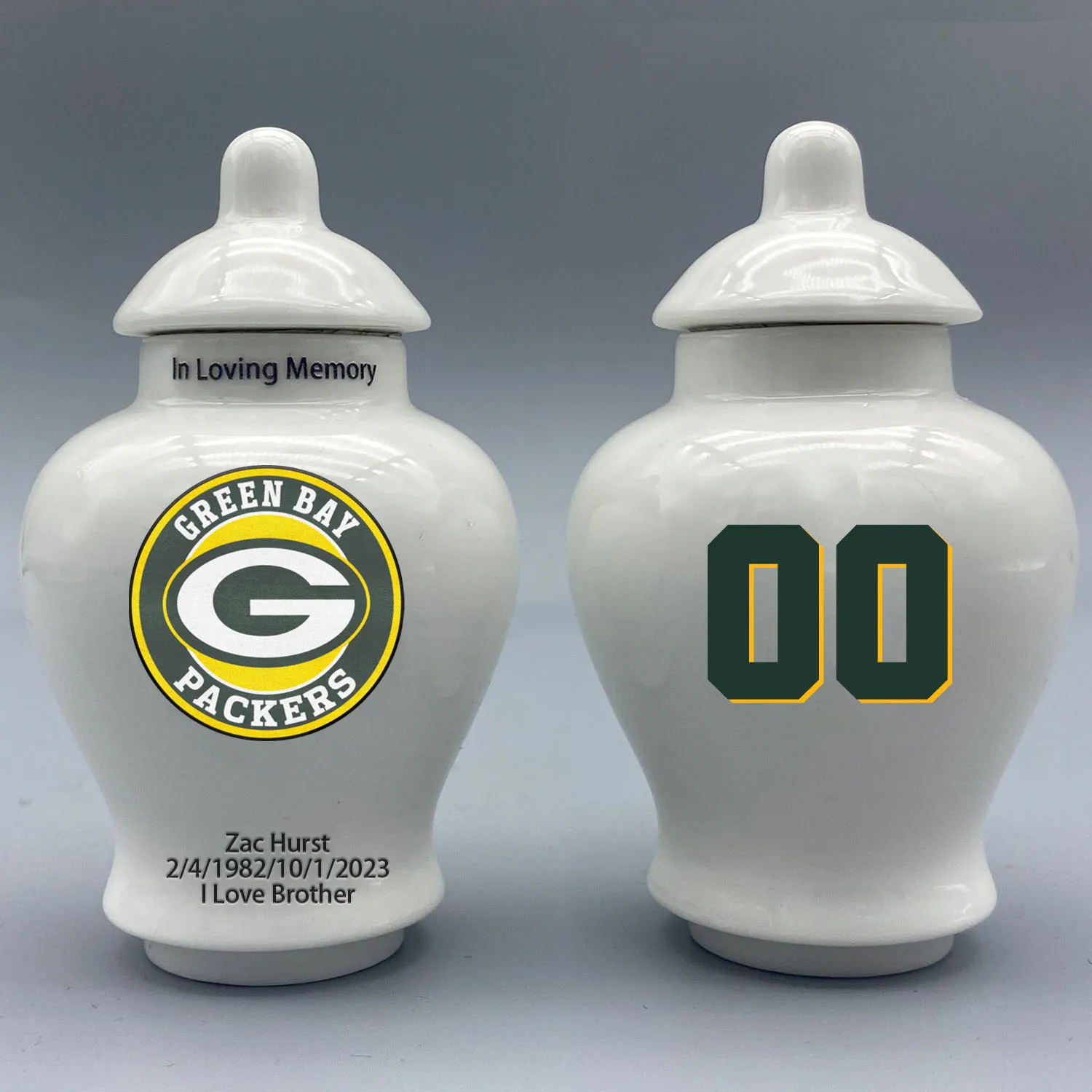 

Mini Urn for Green Bay Packers-themed Logo Urn.Please send me the customization information - name/date and number on the urn