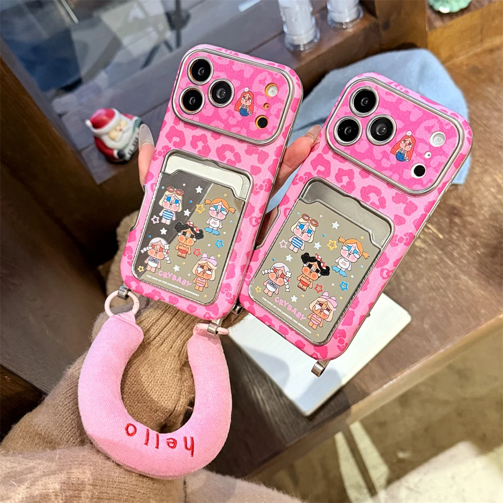 

Cute Cartoon Cry Girl Electroplated Phone Case with Card Holder For iPhone 17 Pro 14 15 16 Pro Max Fundas with Strap Kawaii Cove