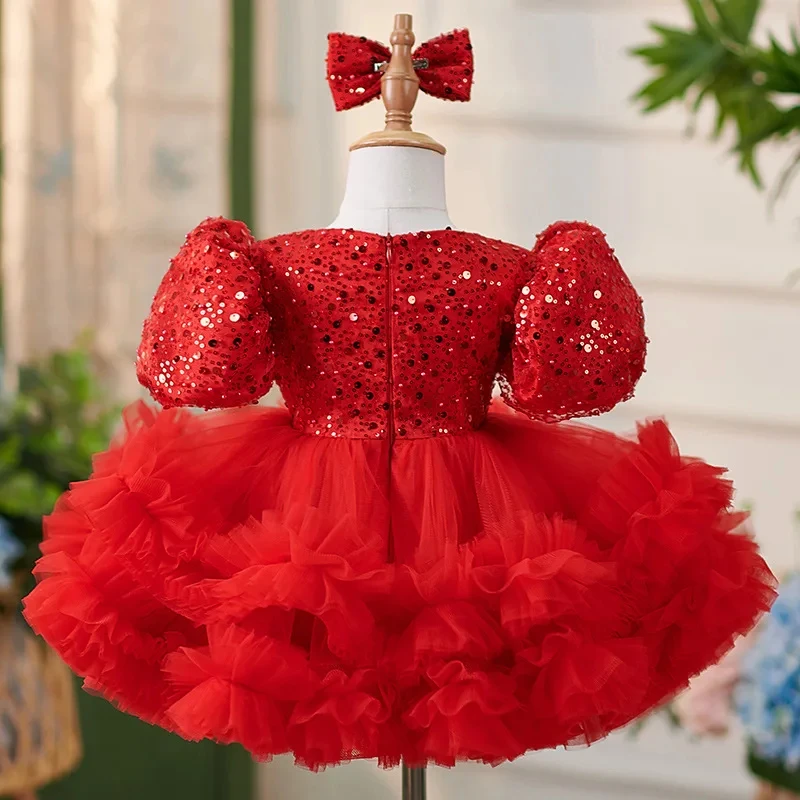 Vestido puffy flor vermelha infantil, vestidos de menina, camadas, vestido de festa de aniversário infantil, vestido de primeira comunhão infantil