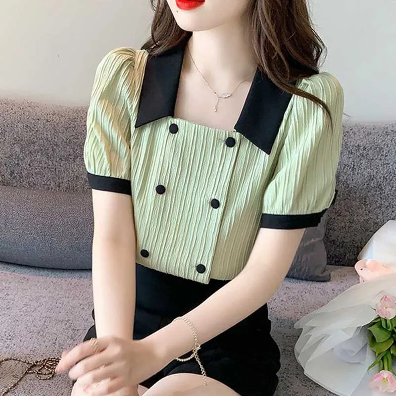 Sweet Square Collar Spliced Puff Sleeve Chiffon Shirts Female Clothing 2024 Summer New Loose All-match Tops Korean Blouses