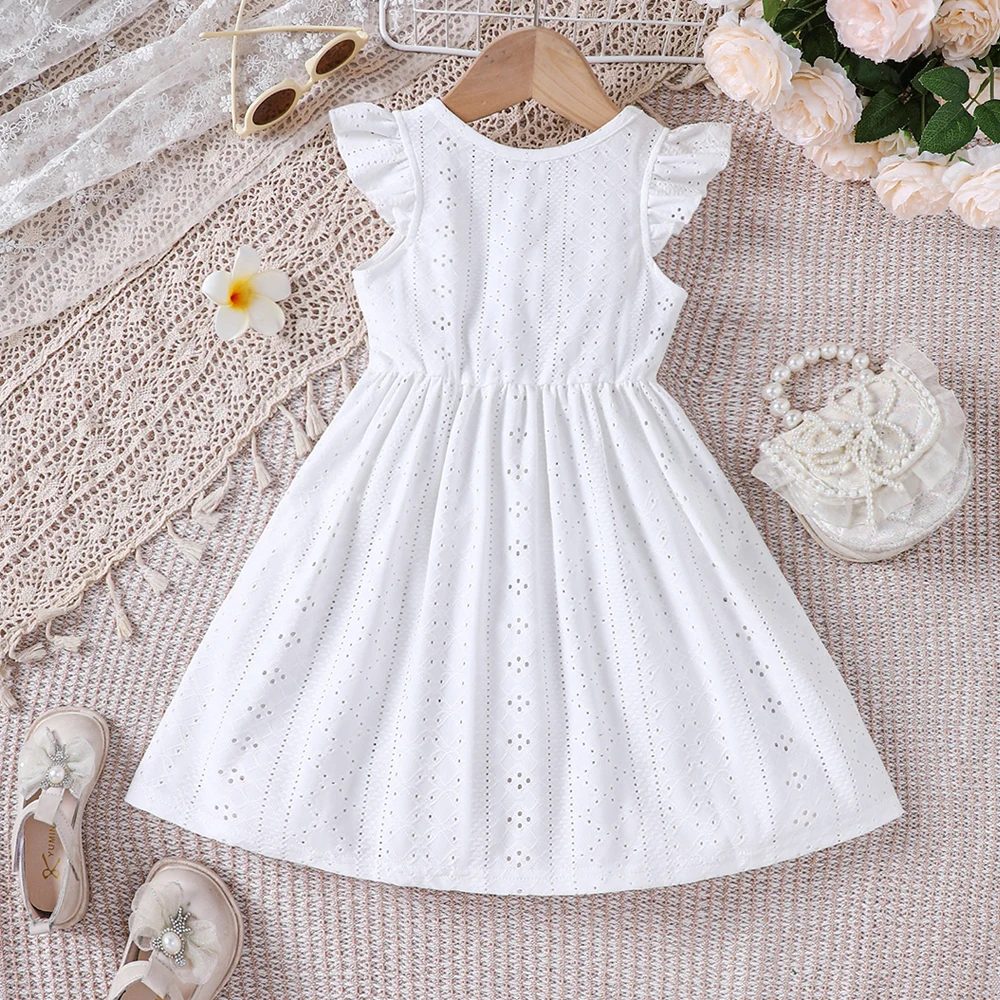 Girls' Summer Fashion Hollow Bow Pure White Dress