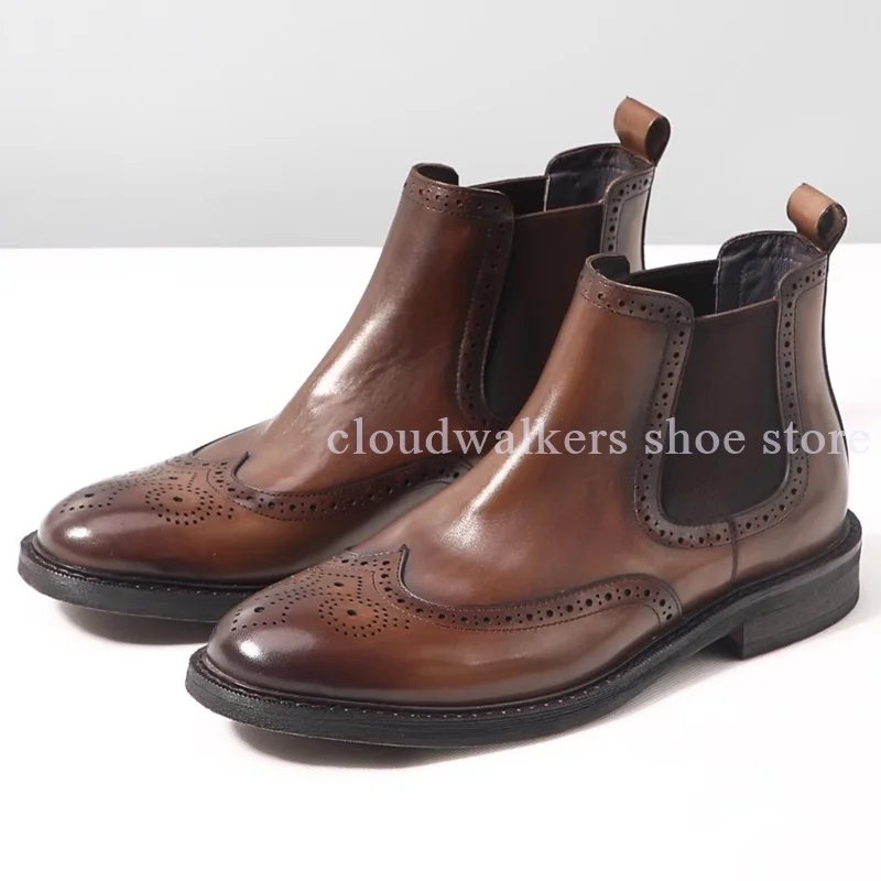 

Men's Platform Manual Engraving Print Round Toe Boots Retro Versatile Slip On Ankle Boots Autumn Winter Men's Trench Coat Boots