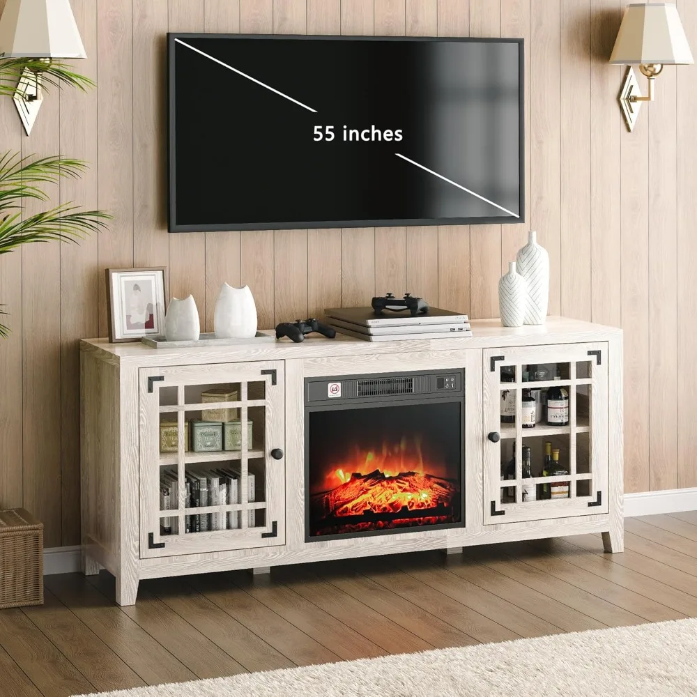 58'' Fireplace TV Stand, Entertainment Center Media Console for Living Room with 18'' Electric Fireplace, Glass Door Cabinets, T