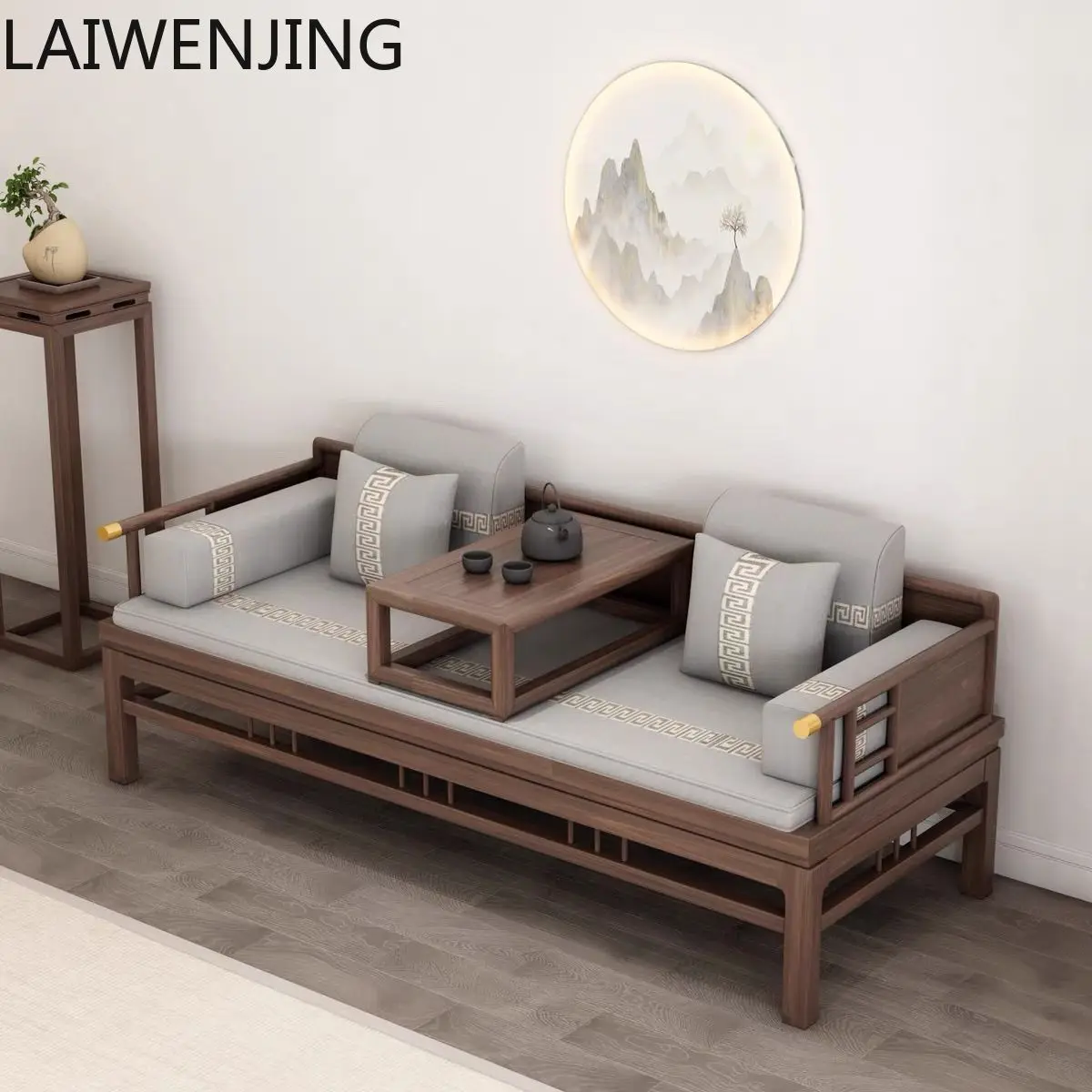 HLZ Chinese Style Solid Wood Luohan Bed Sliding Sofa Bed Living Room Small Apartment Zen Furniture