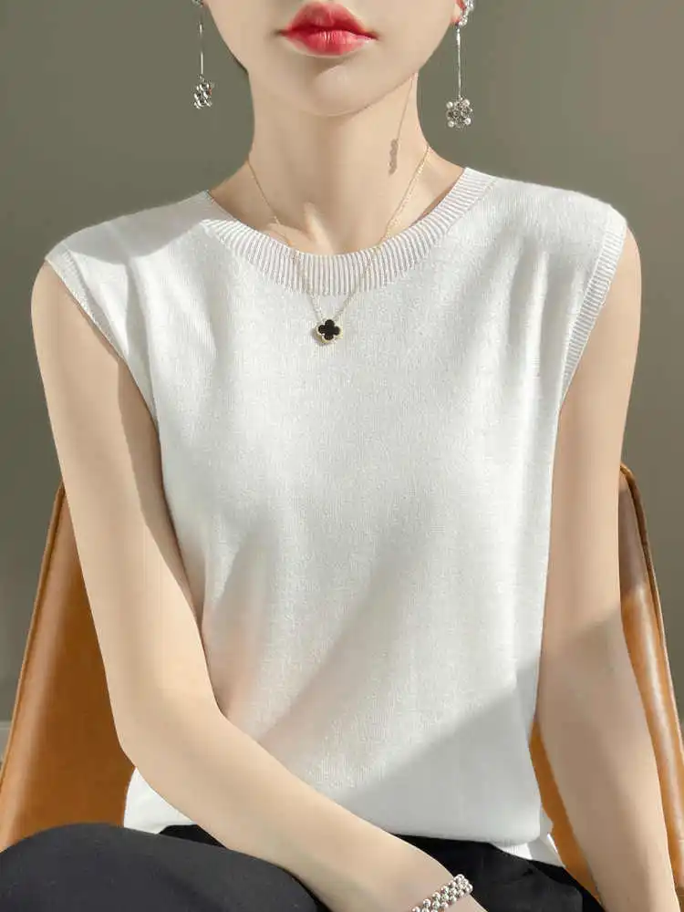 AOSSVIAO 2026 Spring Summer Cashmere White Sleeveless Round Neck T-Shirt Core Spun Yarn Women's Top Solid Color Versatile Tees