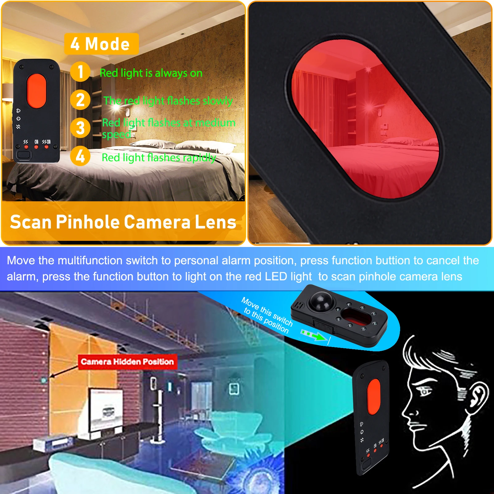 Mini Infrared Detector Anti Spy Hidden Camera Anti Thief Signal Bug 130DB Safe Sound Emergency Alarm for Hotel Security Alarm