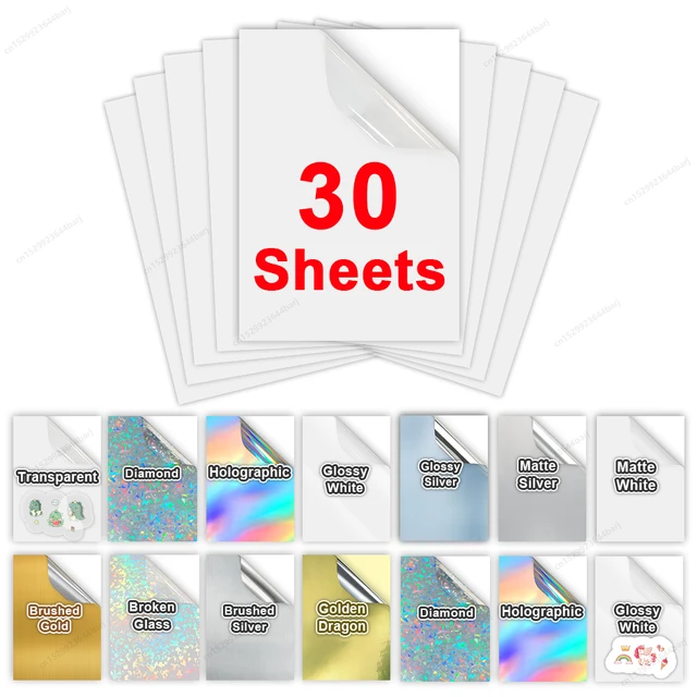 30 arkuszy papieru do naklejek winylowych A4 wodoodporny klej przezroczysty błyszczący biały papier do kopiowania do drukarek atramentowych etykiety DIY
