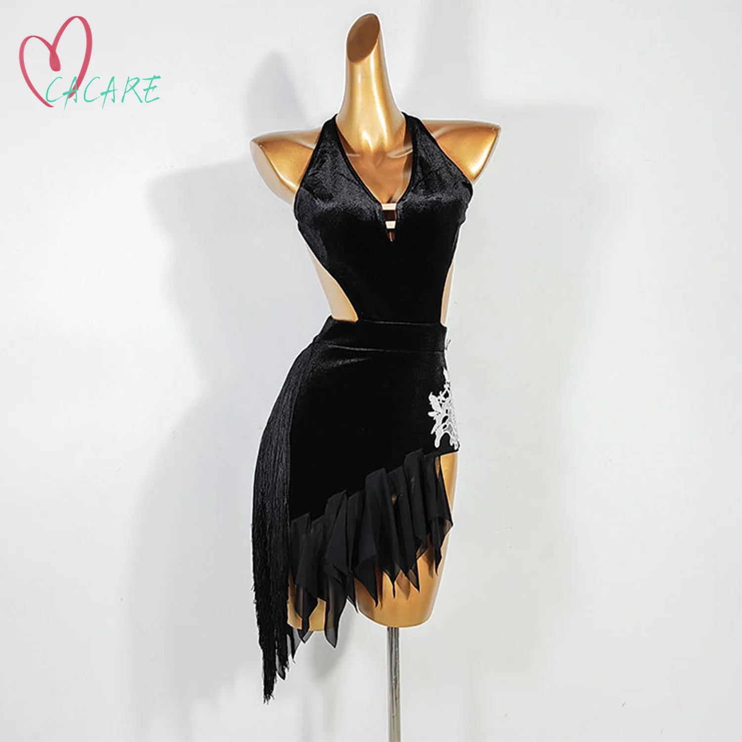 

Velvet Sexy Latin Dance Dress Cutout Waist with Fringe Chiffon for Women Tango Salsa Competition Costume Latin America Dress 564