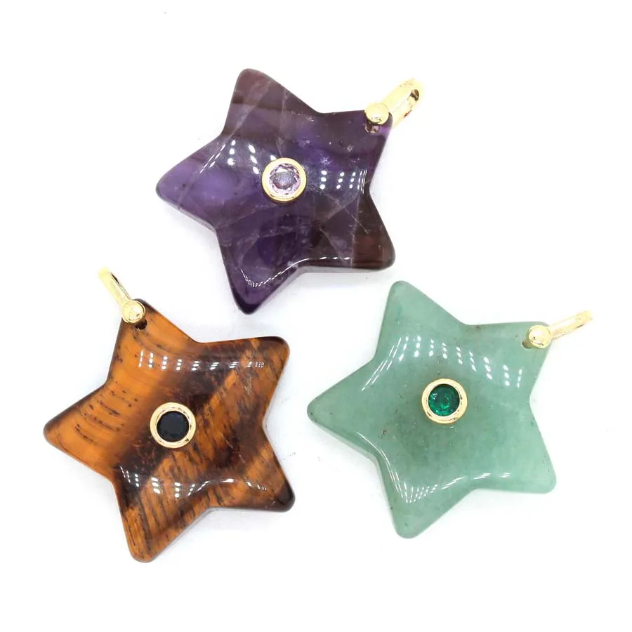 Charms Natural Crystal Pentagram Star Stone Pendants Inlaid Zircon For Women A,methyst Rose Quartz Choice Men Jewelry Making