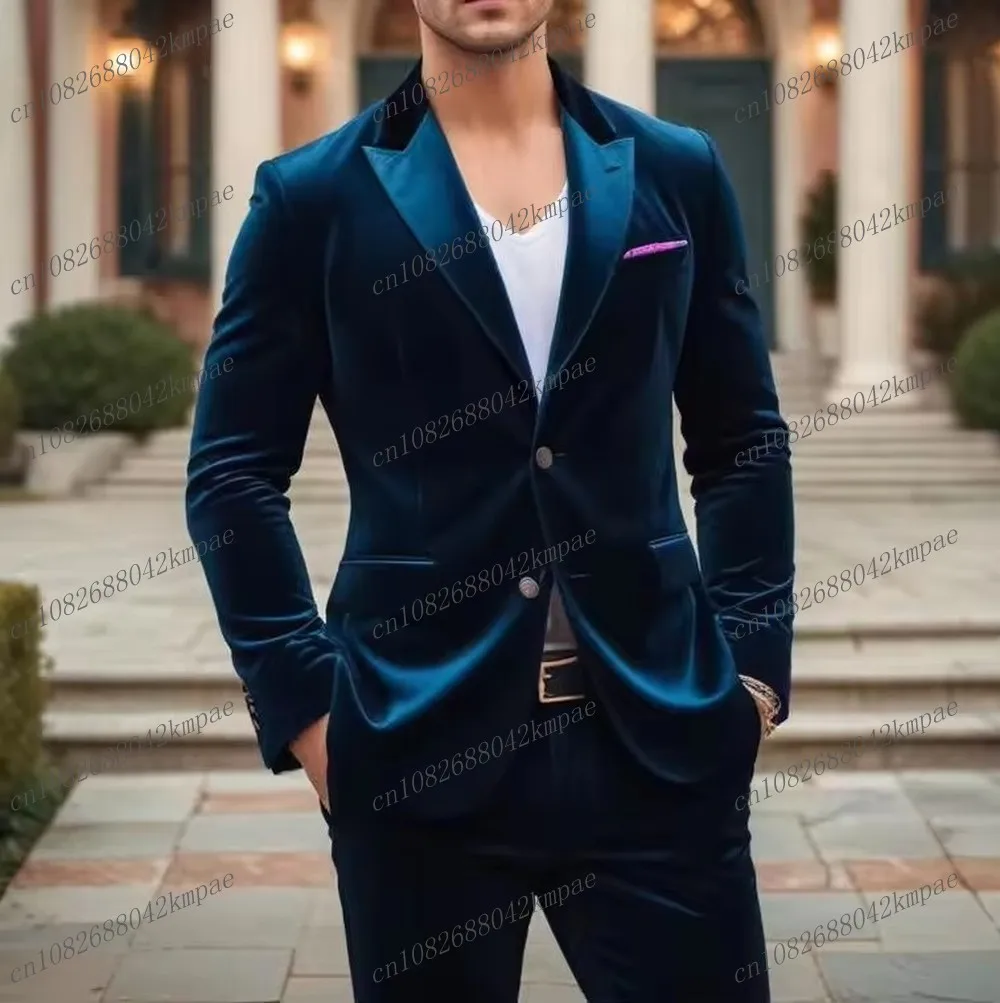 

Темно-синий бархатный мужской костюм, деловой костюм для жениха, жениха, свадебной вечеринки, выпускного вечера, мужские смокинги, комплект из 2 предметов, пиджак, брюки