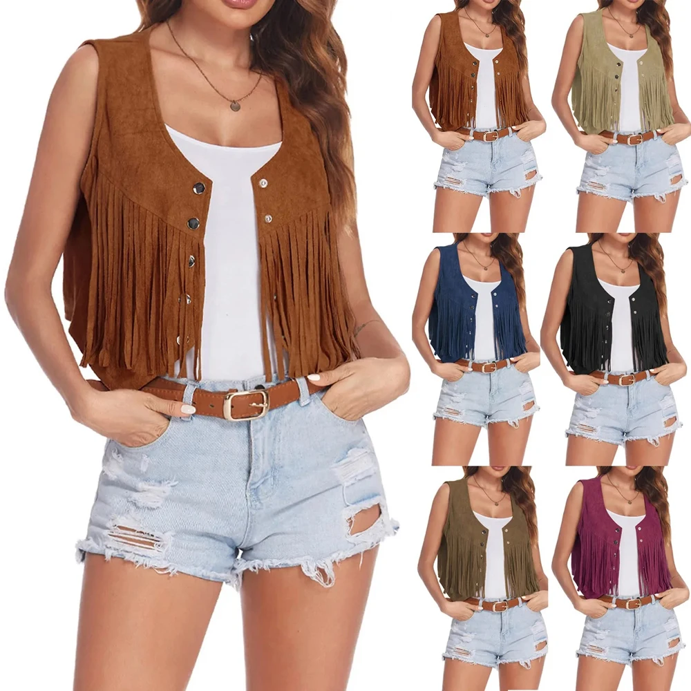 

Women's Retro Tassel Vest Casual and Comfortable Suede Sleeveless Irregular Hem Cardigan Coat Punk Rock Concert Party Vest