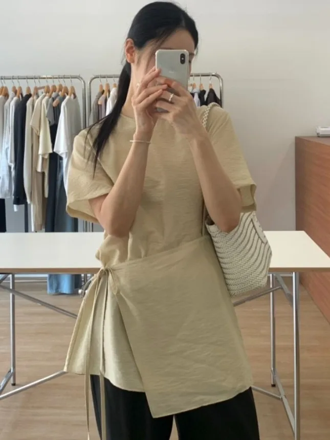 

Ele Side-Tie Waist-Cinching irt for Women Summer New Sle Vintage Versatile Top Design Sensation Fake Two-Piece