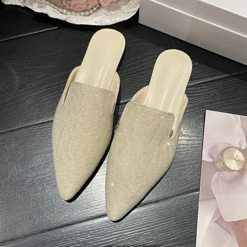 Female Simple Sewing Plain Shoes Outdoor Pointy Toe Slides Camel Blue Soft Sole Wide Fitting  2023 New Arrivals De Mujer