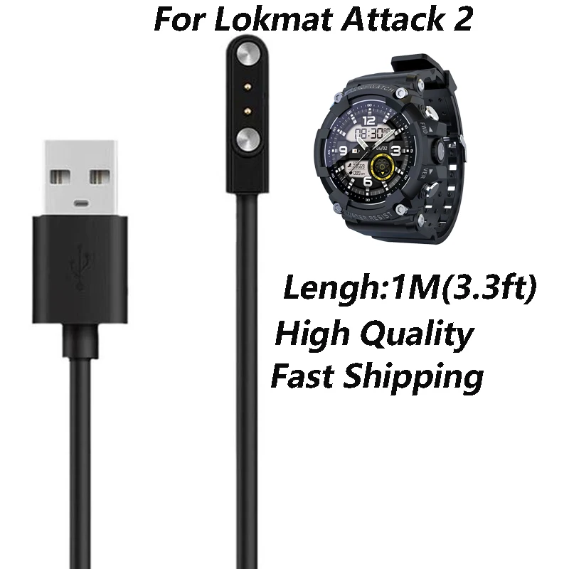 USB Magnetic Charging Cable wire For LOKMAT ATTACK 2 Smart Watch bracelet 2 Pin Black Power Charger data Cables Fast Shipping