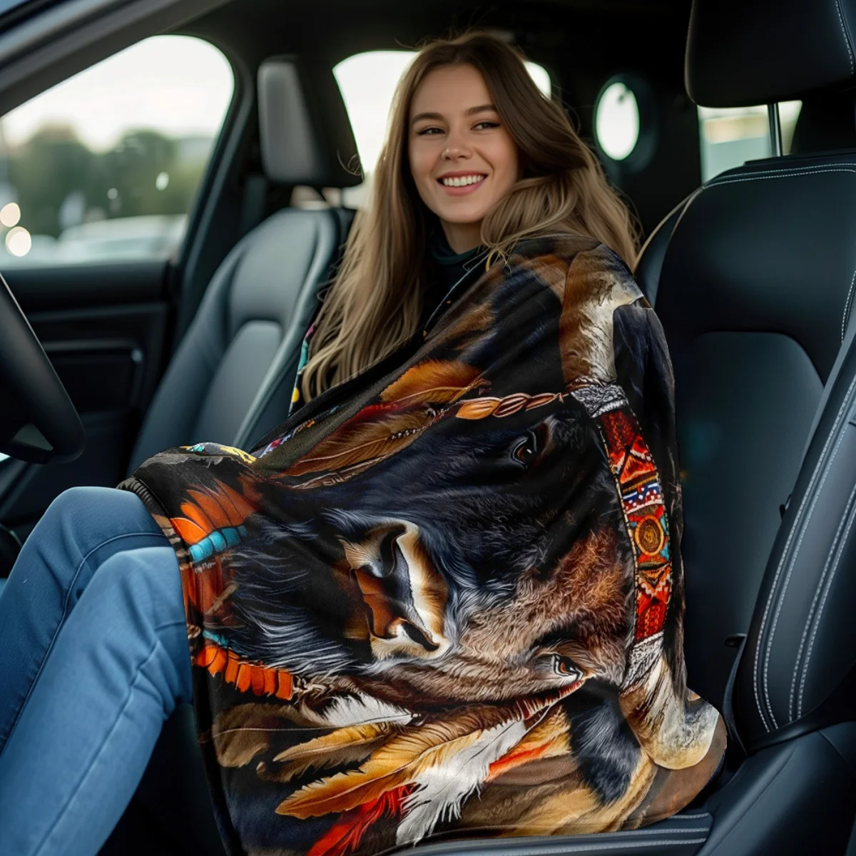 1 بطانية من الفلانيل بعصابة رأس من ريش الجاموس الأمريكي الأصلي - دافئة وناعمة، مناسبة للأرائك والأسرة وغرف المعيشة والمكاتب،