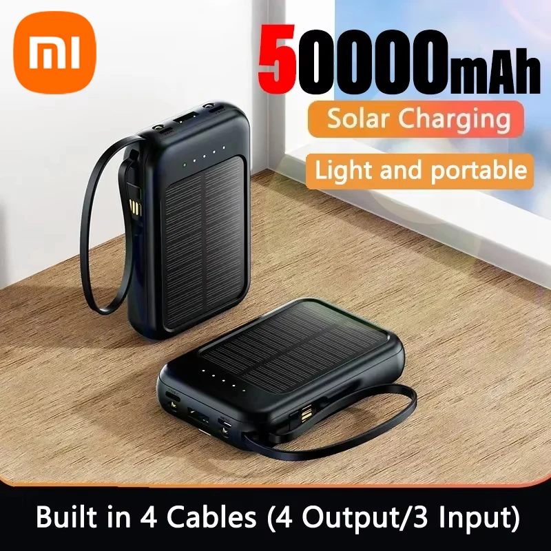 Xiaomi 50000mAh Solar Power Bank Built Cables Large Capacity Come With Four-wire External Charger Powerbank LED Light For iphone