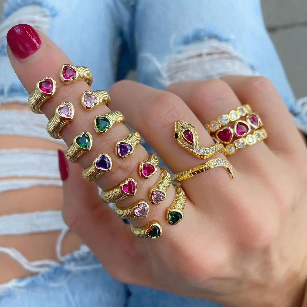 Geometric Heart CZ Open Rings for Women 5A Cubic Zirconia Colored Enamel Ring Adjustable Gold Color Fashion Jewelry Anillos
