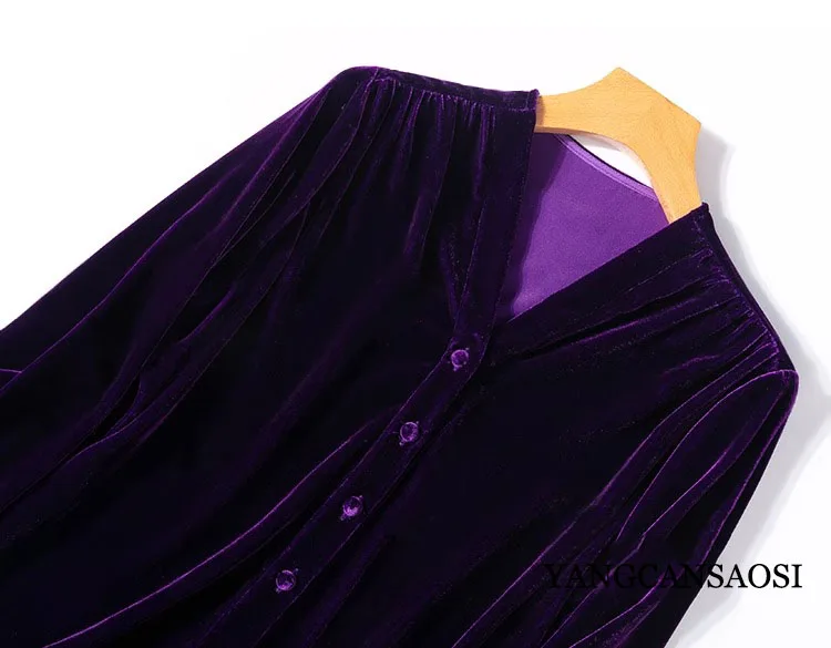 Elegant Purple 30% Natural Mulberry Silk Velvet Single Wear V-neck Long Sleeve Retro Lantern Sleeve Women's Autumn Fashion Shirt