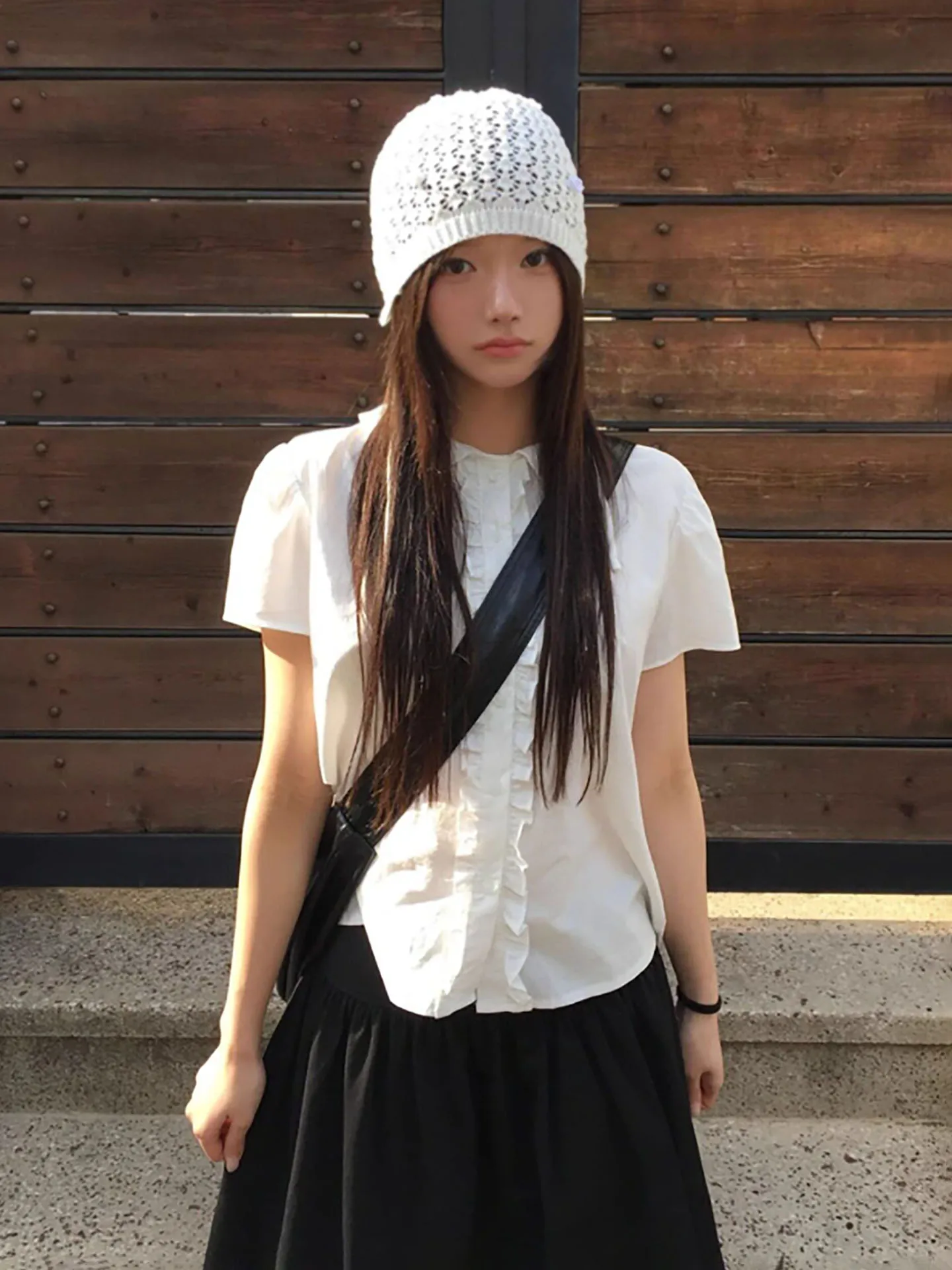 

Dongda Gate Summer Doll Collar Short Sleeve High Waist Flower Bud Half Skirt Two Piece Set Women's Shirt Wooden Ear