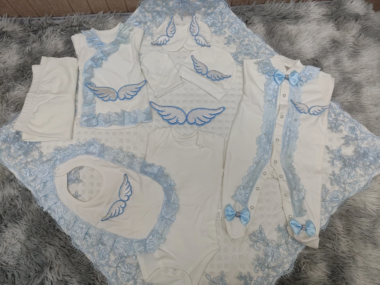 Light Blue White Lace Rhinestone Wings Baby 9Pcs Set Newborn Footed Romper Bib Hat Full Gift Set