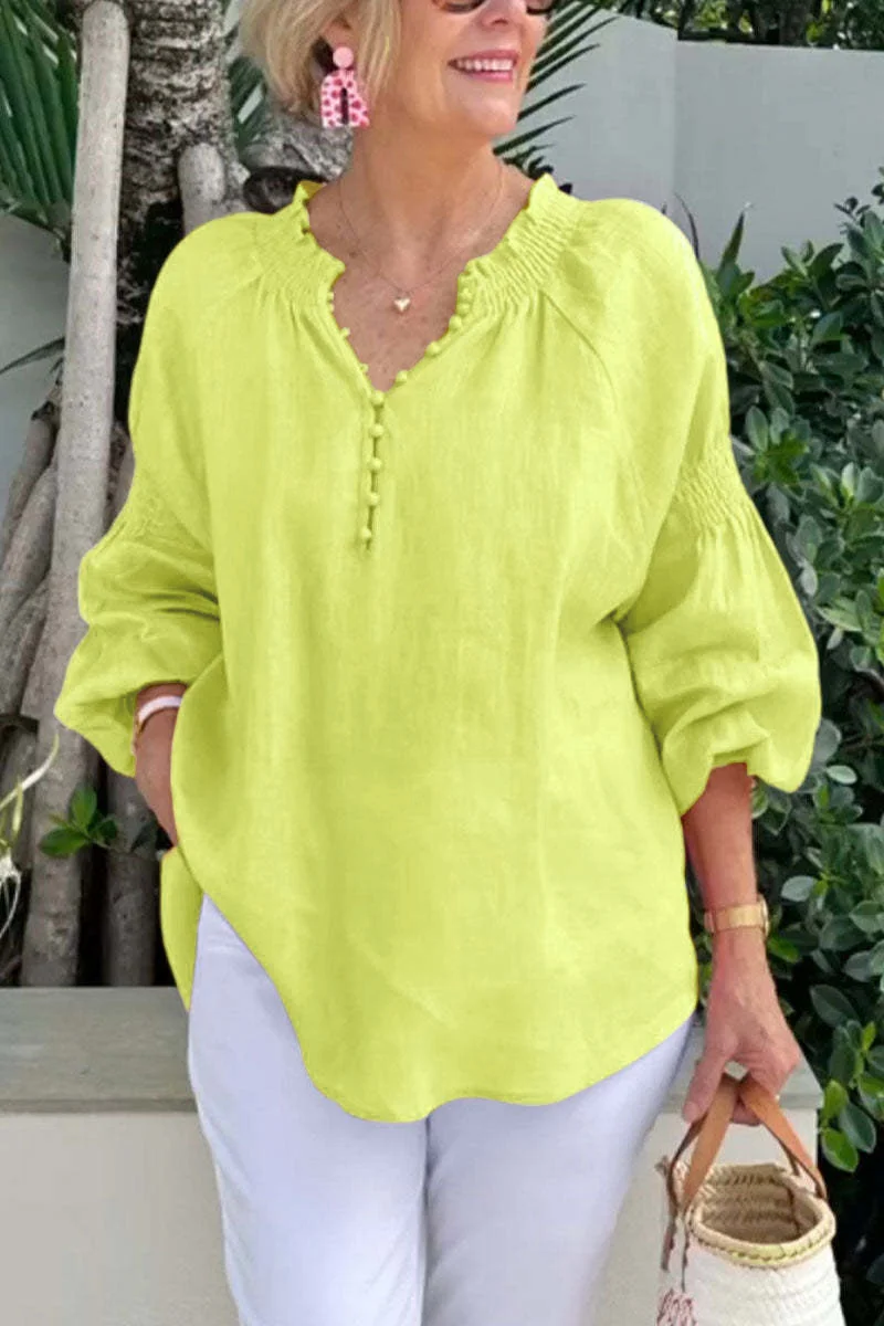 Kemeja Longgar Solid Linen Katun Fashion Blus dan Atasan Kancing Leher V Lengan Panjang Kasual Musim Panas Wanita Atasan Elegan Harian Wanita