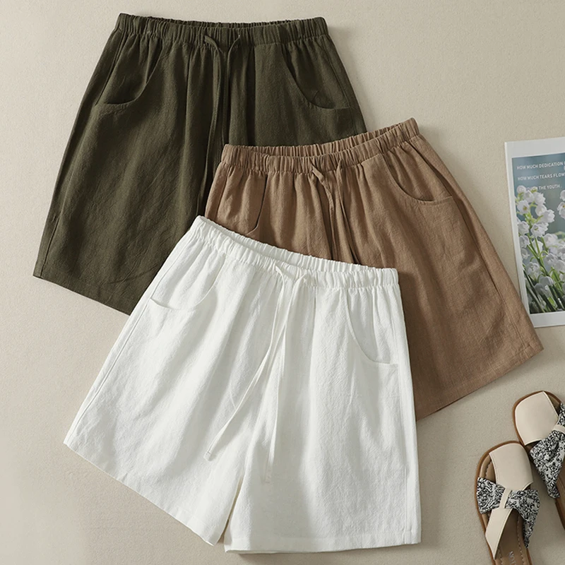 High Waist Wide Leg Short Pants Women's Summer Outdoor Sports Thin Casual Loose Straight Tube Pants Breathable Cotton Material