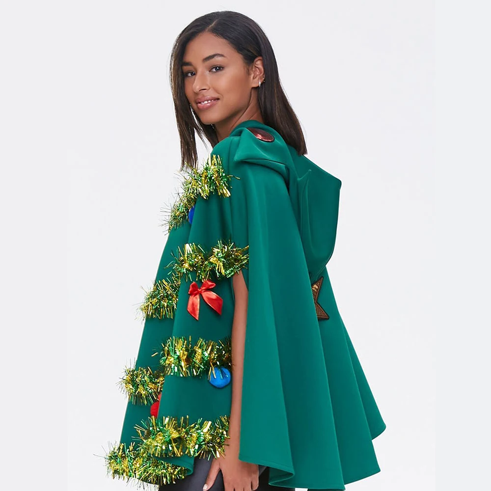 Capes d'arbre de Noël à capuche Everak pour femmes, décoration de ruban 3D, cosplay, vert, olympiques de fête du Nouvel An, cadeaux de Noël