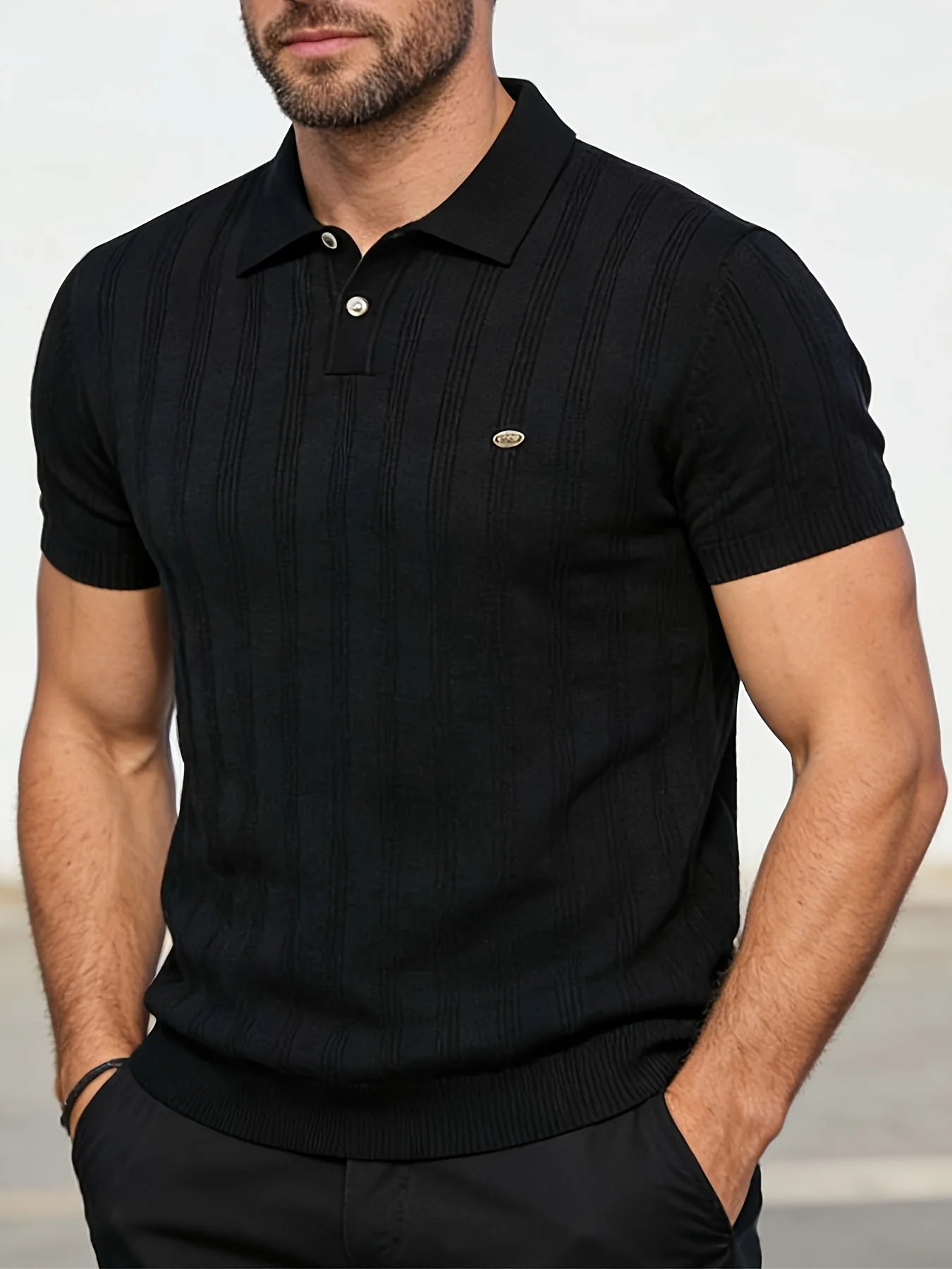 Men's Knit Polo Shirt Short Sleeve Textured Vertical Stripe Casual Business Golf Polo Sweater Lightweight Summer Top