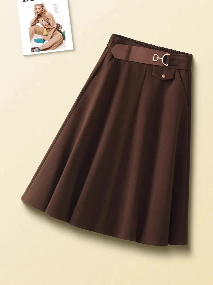 Khaki Woolen High Waist A-Line Skirt Women's Spring Autumn Winter Mid-Length Half Skirt Commute Style Pure Color Skirt