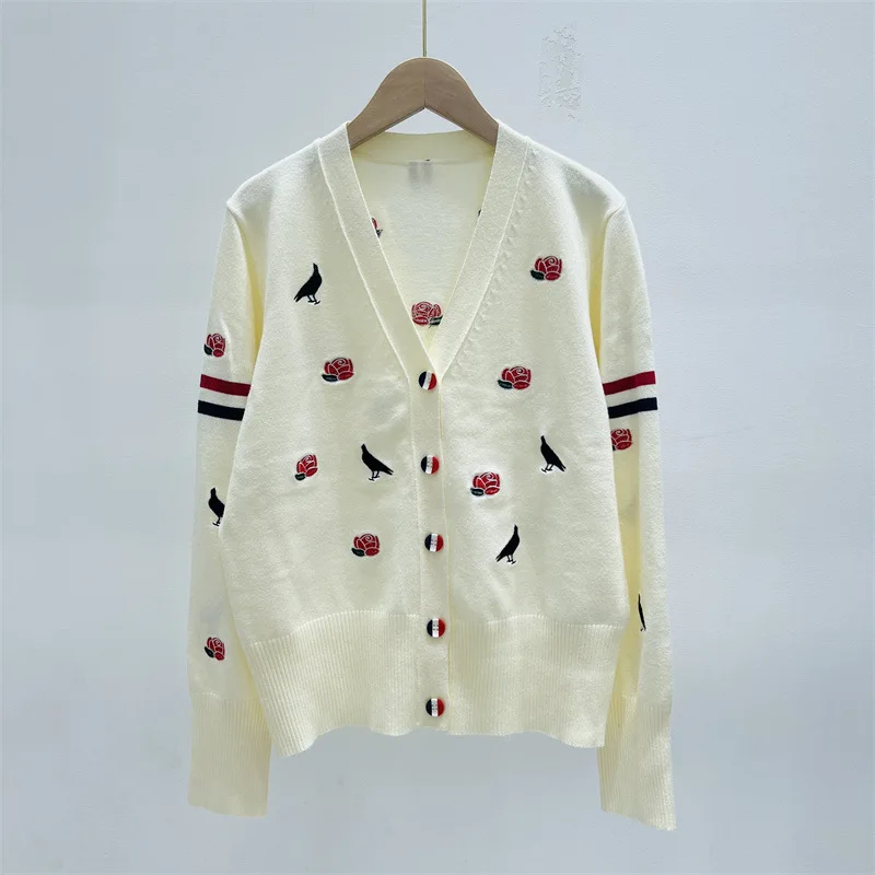 Cardigan women's autumn and winter V-neck full body flower and bird embroidery double sleeves color stripe knitting