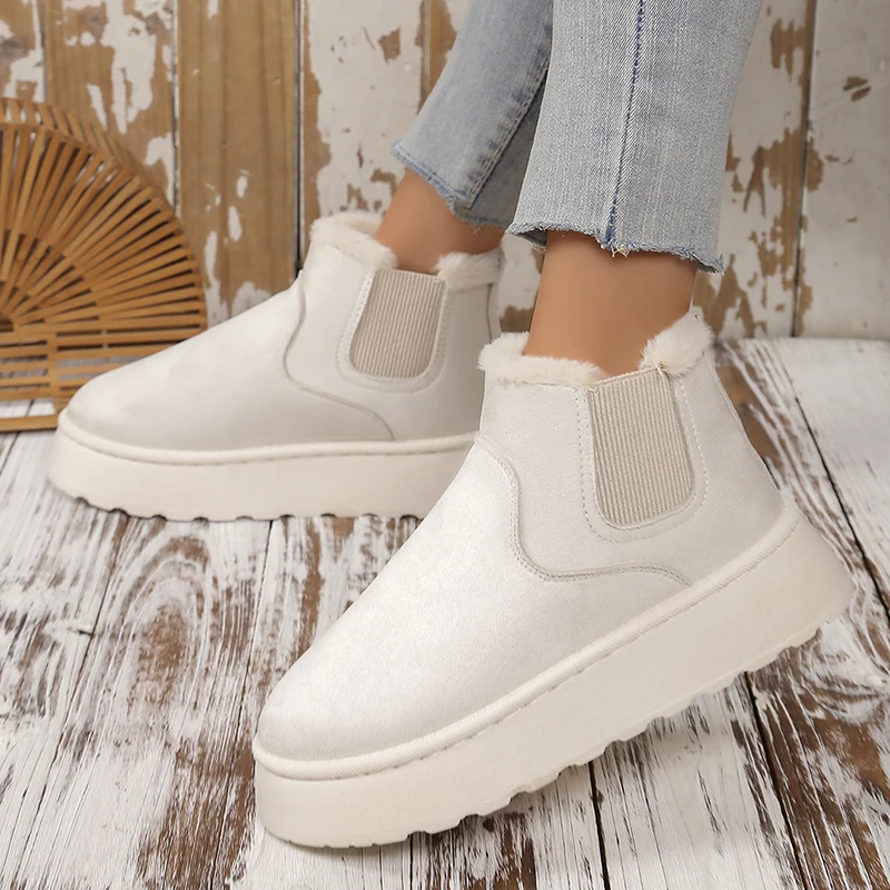 2024 Winter Women\'s Platform Snow Boots Solid Color Thickened Plush Slip On Ankle Boots Women Thick Bottom Warm Shoes Plus Size