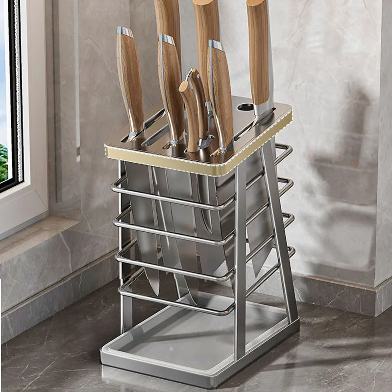 

Stainless Steel Knife Holder With Tray Large Chef Knives Scissors Stand Kitchen Supplies Tool Storage Rack Home Organization