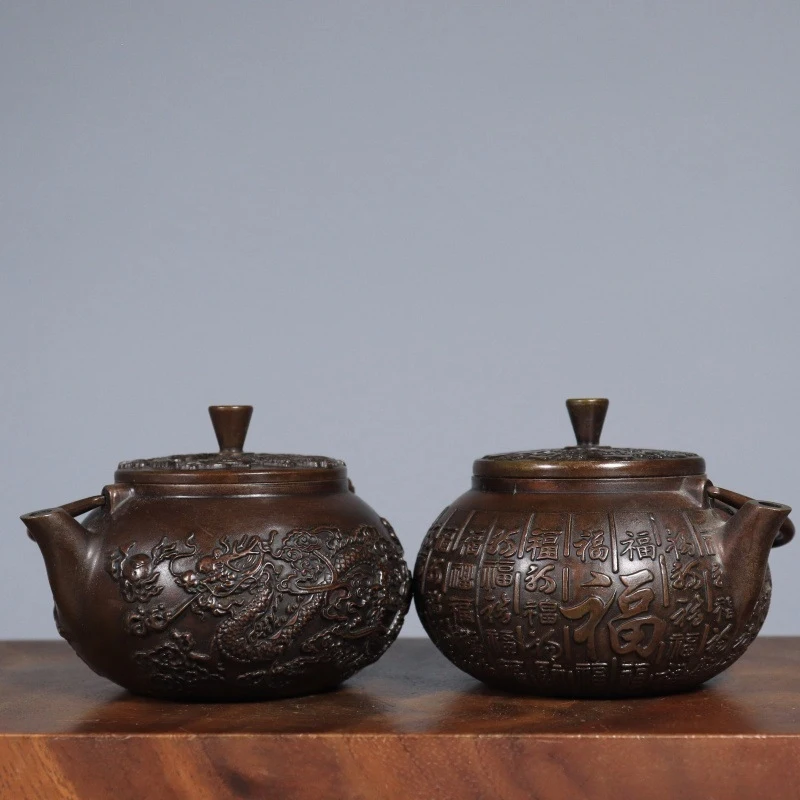 Copper , dragon and phoenix , hundred blessings teapot, decorative artware, desktop ornament, available for delivery