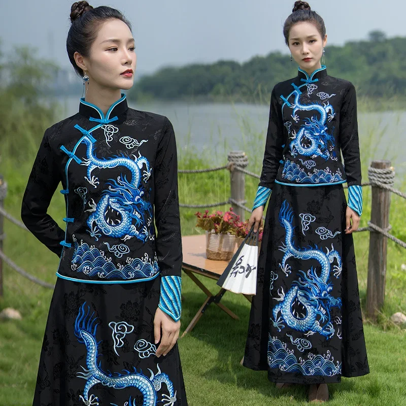 

Dragon Embroidery National Style Tops Women Fashion Tang Suit Vintage China Clothing Female Chinese Style Blouses Stand Collar