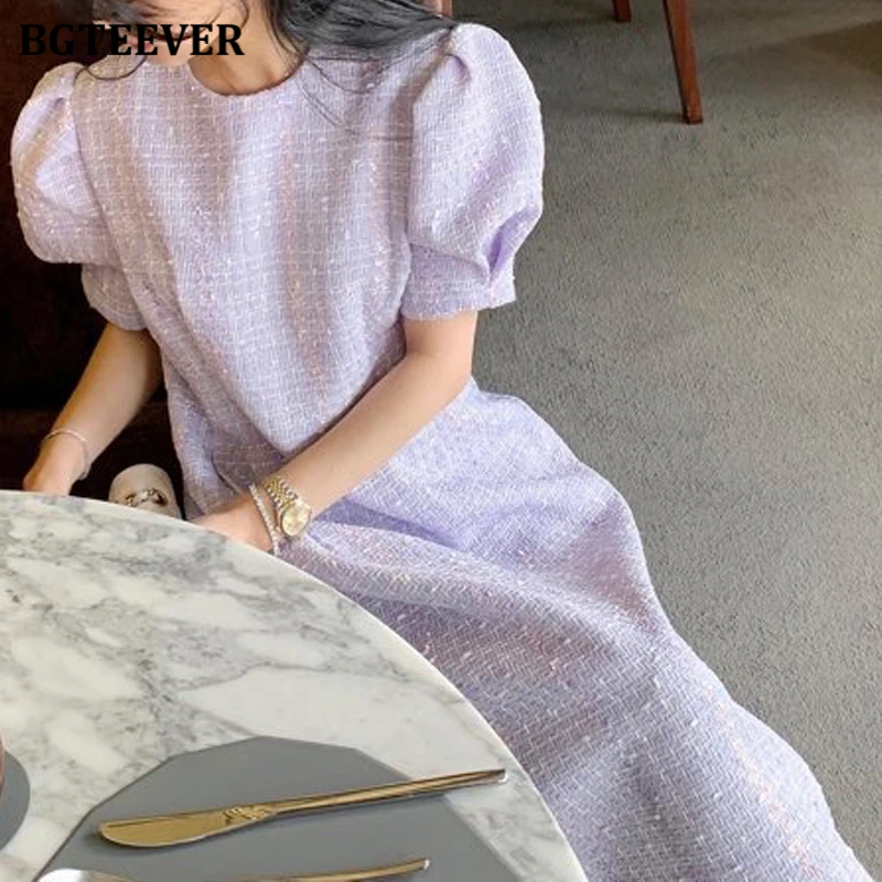 BGTEEVER Fashion Straight Long Dress Women Elegant O-neck Puff Sleeve Women Dress Summer Ladies Vestidos